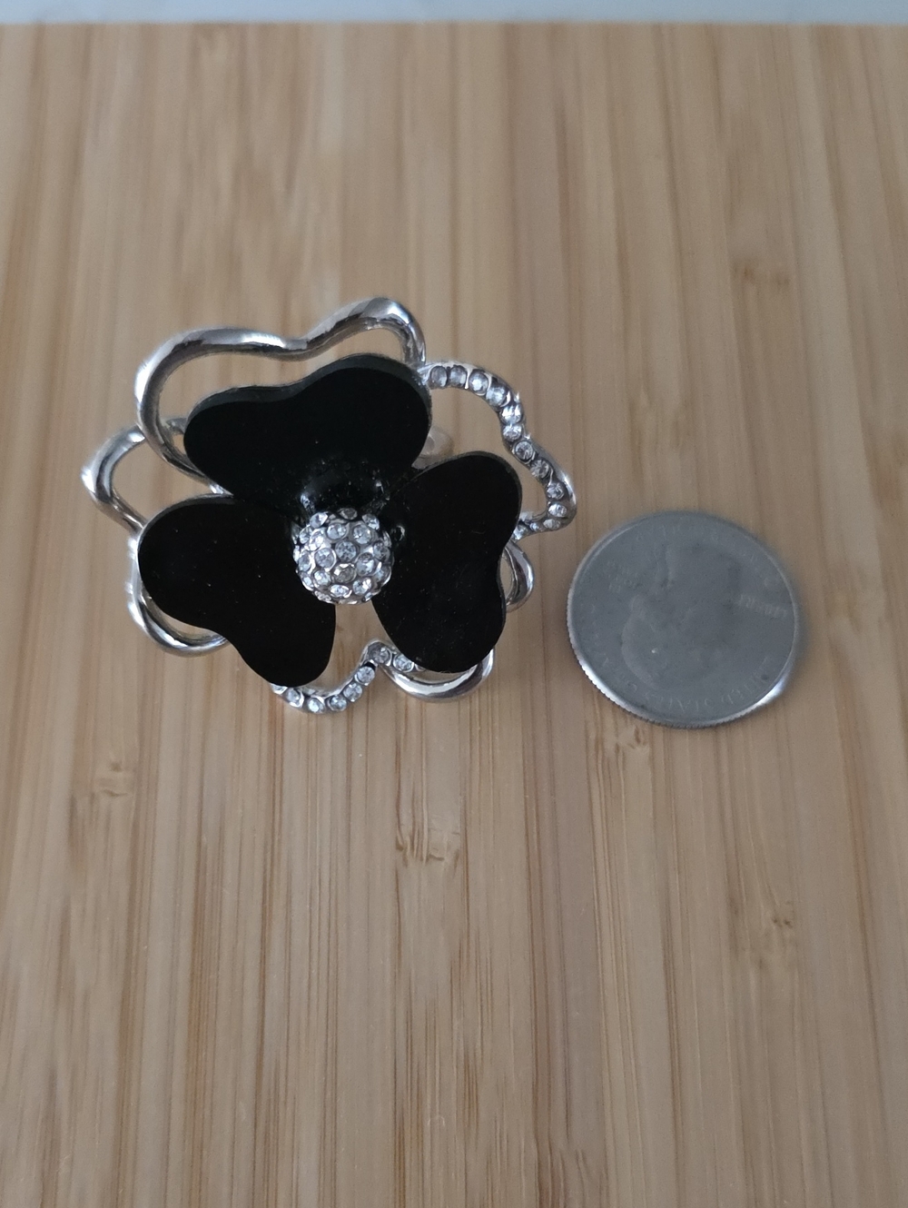 Elegant Black Flower Statement Ring with Crystal Accent